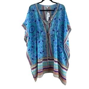 NWT Marina‎ Blu Women’s Vibrant Blue Boho Patterned Beaded Kaftan Coverup Sz M